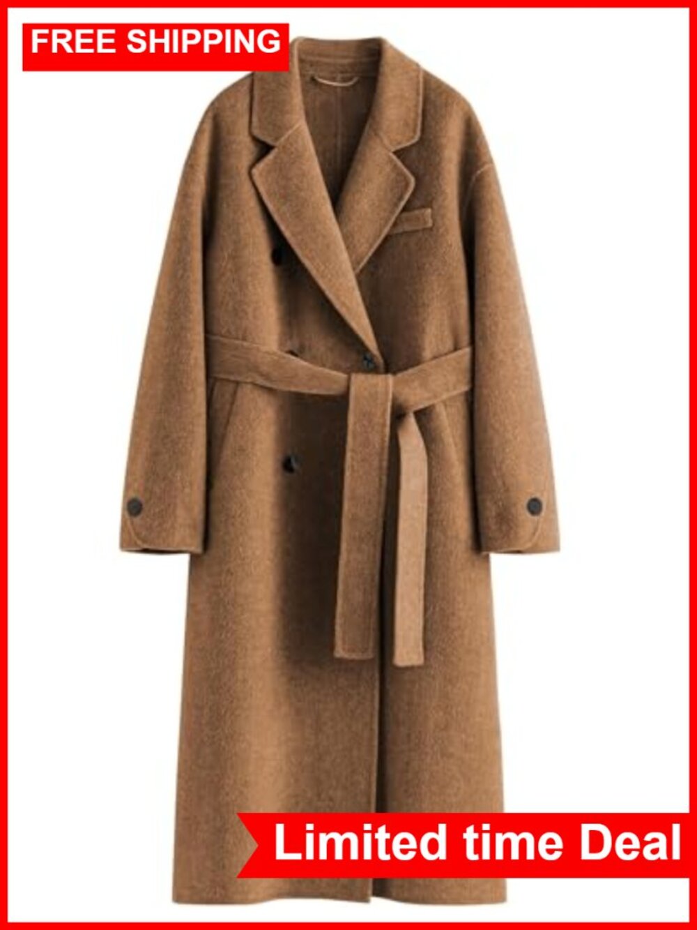 Womens Wool Blend Pea Coat Trench Double Breasted Belted Fall Winter